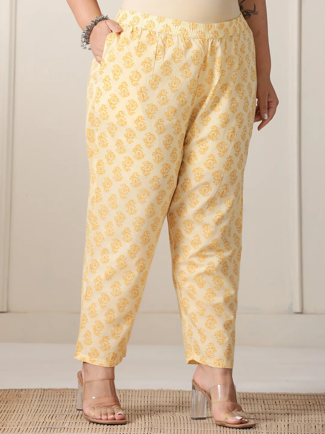Cream And Brown Cotton Sequins Work Plus Size Kurta Set With Pant &amp; Dupatta