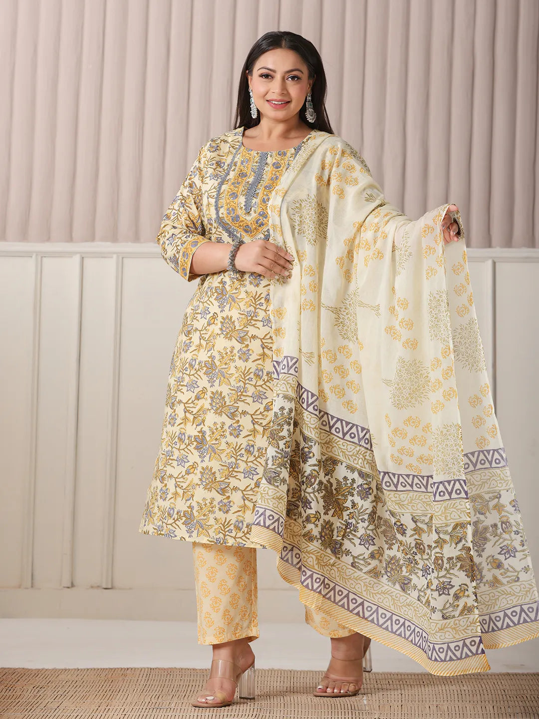 Cream And Brown Cotton Sequins Work Plus Size Kurta Set With Pant &amp; Dupatta