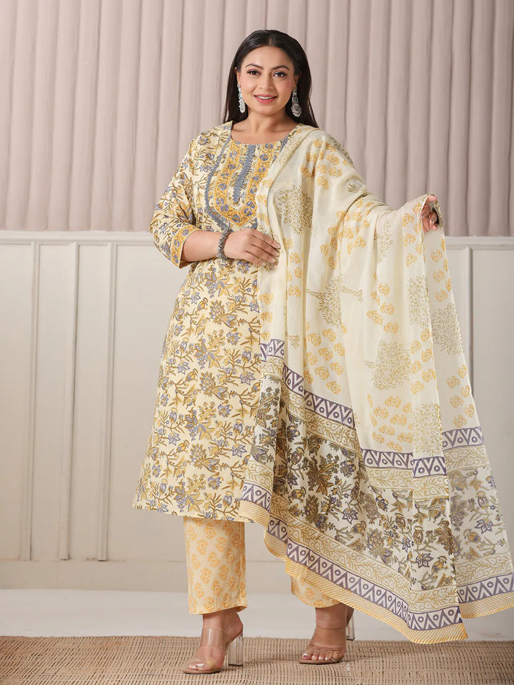 Cream And Brown Cotton Sequins Work Plus Size Kurta Set With Pant &amp; Dupatta