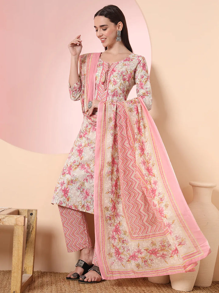 Cream And Peach Pure Cotton Yuck Design Kurta Dupatta Set With Pants