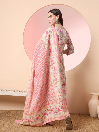 Cream And Peach Pure Cotton Yuck Design Kurta Dupatta Set With Pants