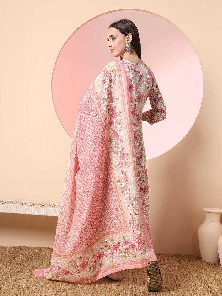 Cream And Peach Pure Cotton Yuck Design Kurta Dupatta Set With Pants