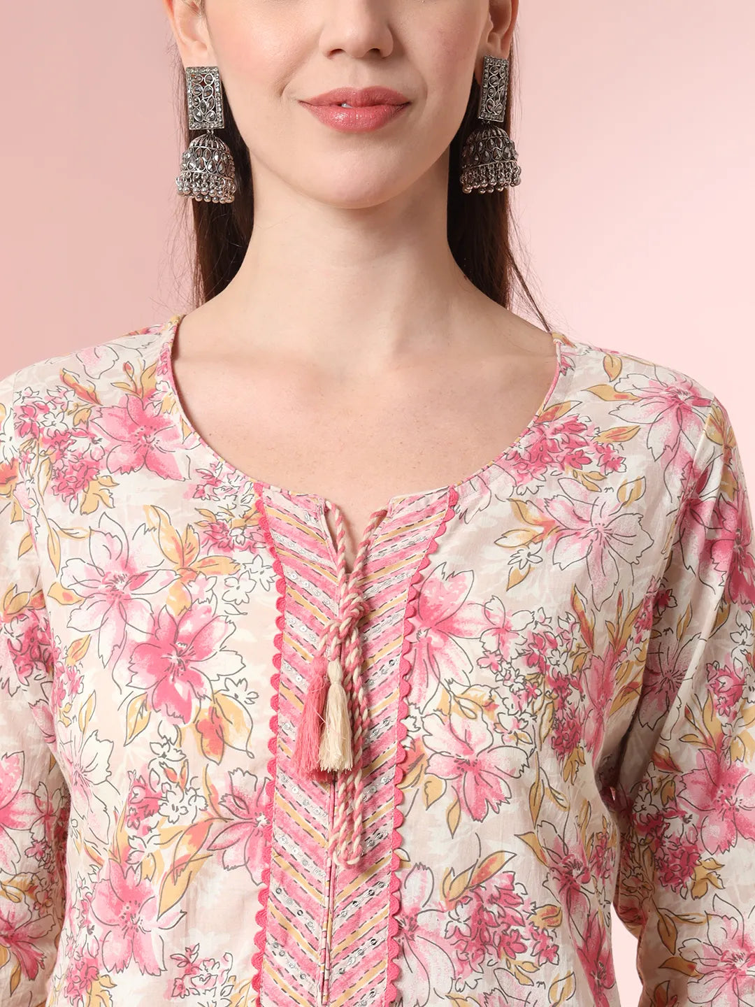 Cream And Peach Pure Cotton Yuck Design Kurta Dupatta Set With Pants