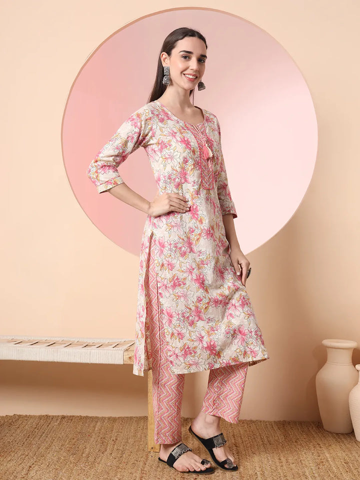Cream And Peach Pure Cotton Yuck Design Kurta Dupatta Set With Pants