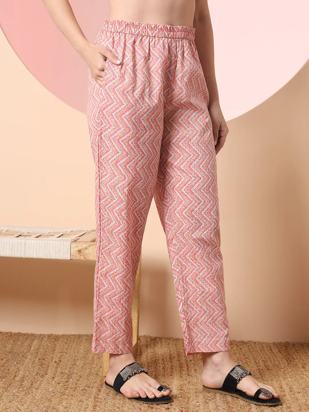 Cream And Peach Pure Cotton Yuck Design Kurta Dupatta Set With Pants