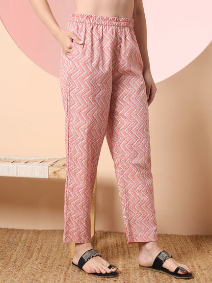 Cream And Peach Pure Cotton Yuck Design Kurta Dupatta Set With Pants