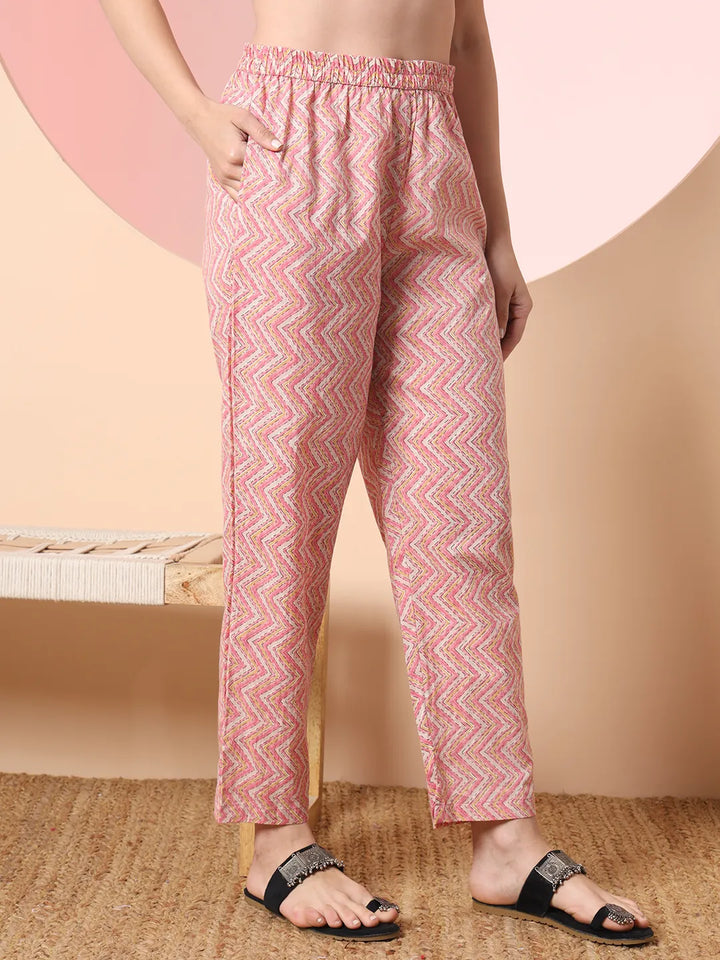 Cream And Peach Pure Cotton Yuck Design Kurta Dupatta Set With Pants