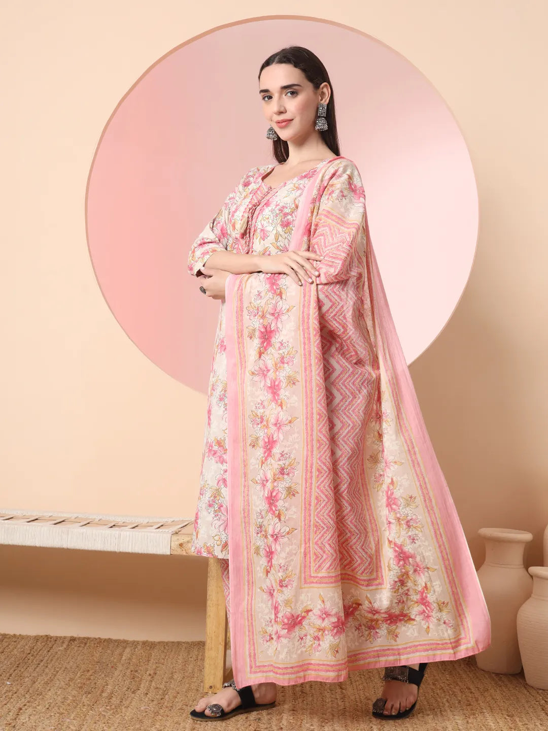 Cream And Peach Pure Cotton Yuck Design Kurta Dupatta Set With Pants