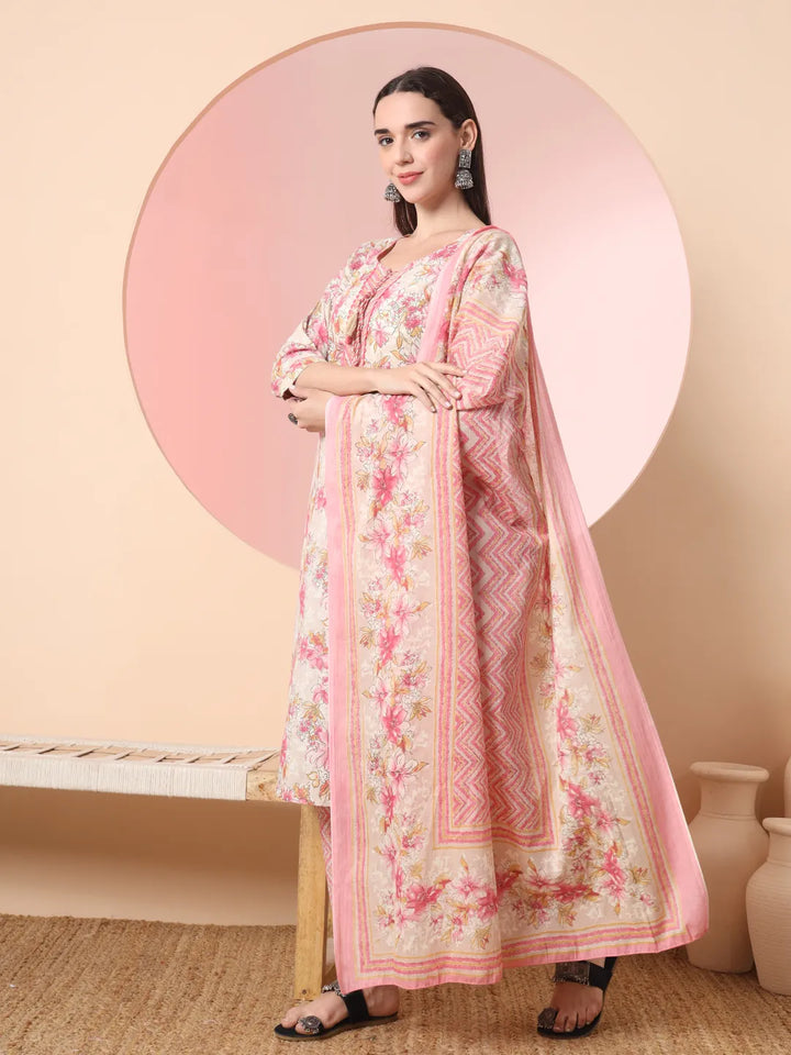 Cream And Peach Pure Cotton Yuck Design Kurta Dupatta Set With Pants