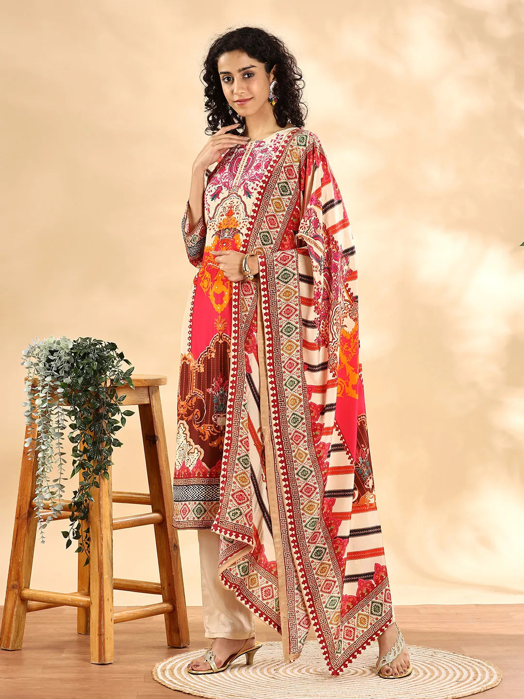Cream And Pink Silk Crepe Sequins Work Straight Kurta Dupatta Pant Set