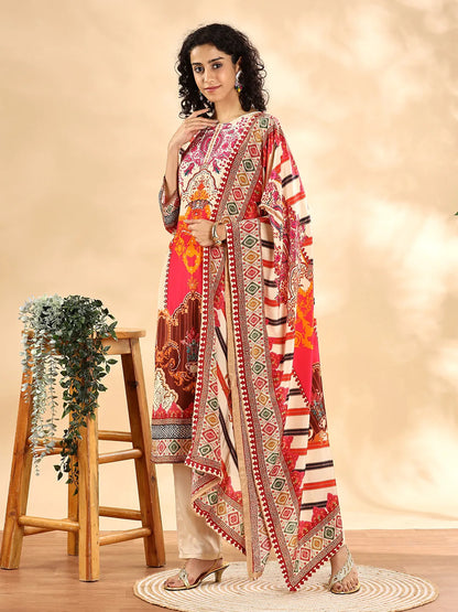 Cream And Pink Silk Crepe Sequins Work Straight Kurta Dupatta Pant Set