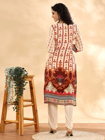Cream And Pink Silk Crepe Sequins Work Straight Kurta Dupatta Pant Set