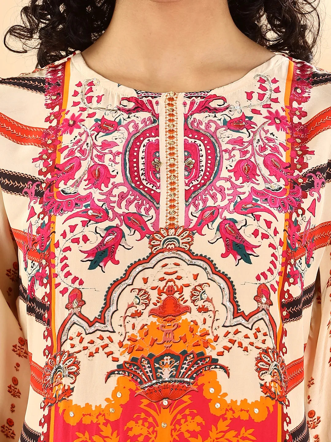 Cream And Pink Silk Crepe Sequins Work Straight Kurta Dupatta Pant Set