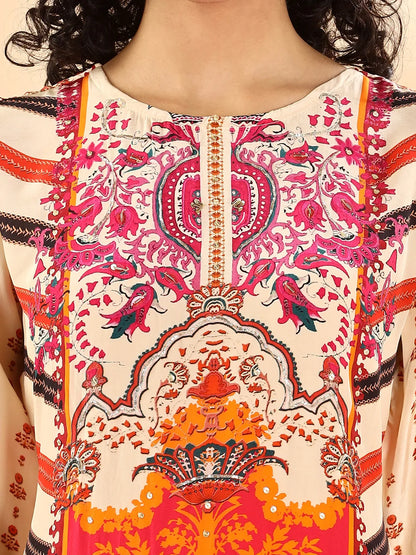 Cream And Pink Silk Crepe Sequins Work Straight Kurta Dupatta Pant Set