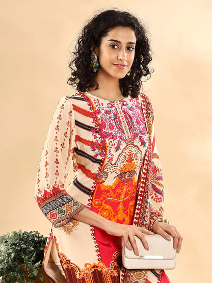 Cream And Pink Silk Crepe Sequins Work Straight Kurta Dupatta Pant Set