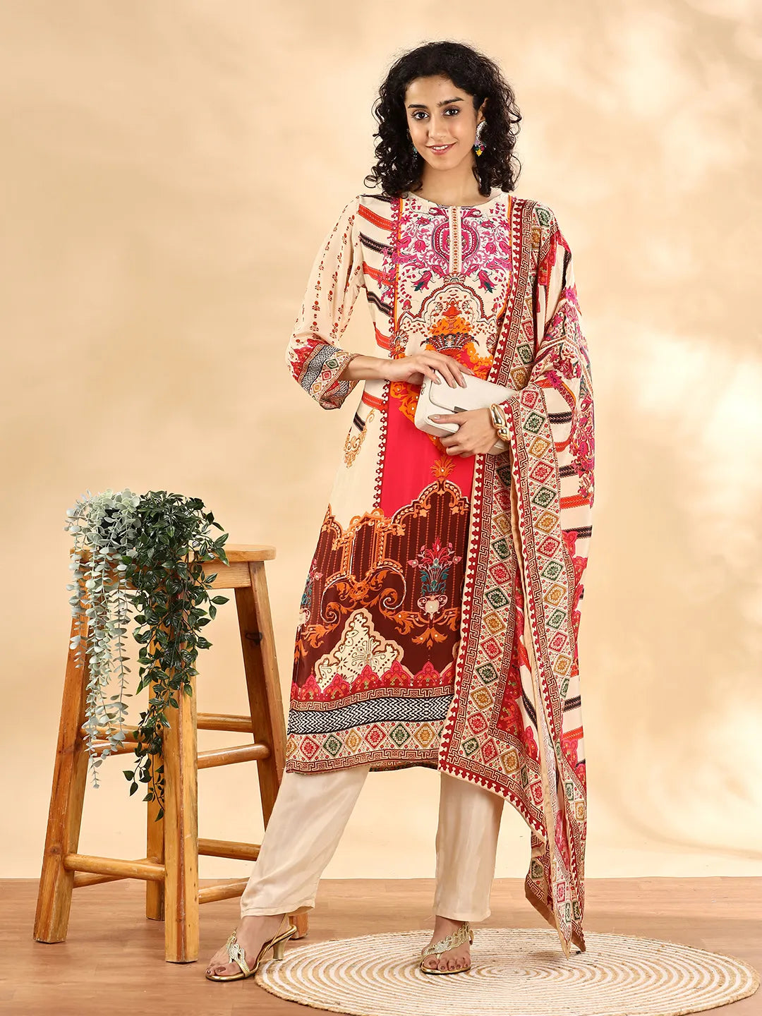Cream And Pink Silk Crepe Sequins Work Straight Kurta Dupatta Pant Set
