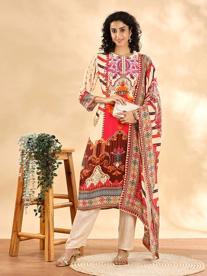 Cream And Pink Silk Crepe Sequins Work Straight Kurta Dupatta Pant Set