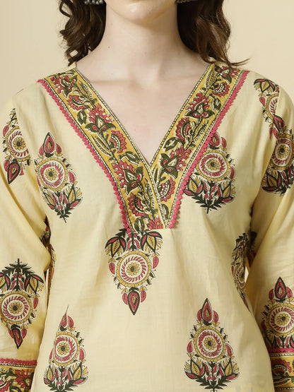 Cream Cotton Cut Dana Work Kurta Set With Pant & Dupatta