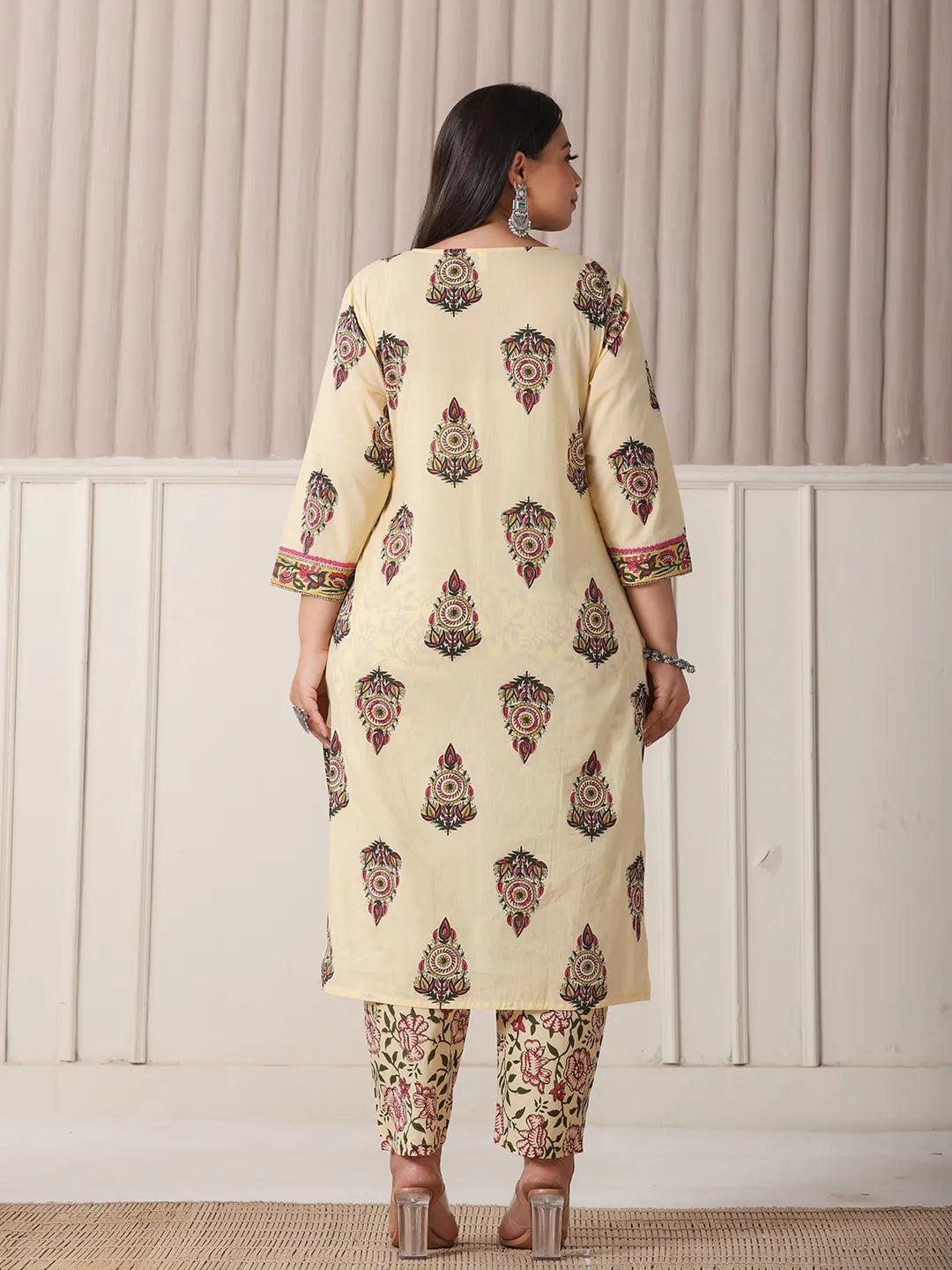 Cream Cotton Cut Dana Work Plus Size Kurta Set With Pant &amp; Dupatta