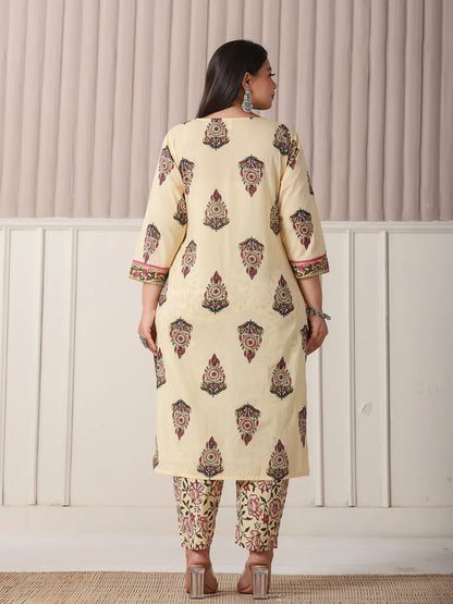 Cream Cotton Cut Dana Work Plus Size Kurta Set With Pant & Dupatta