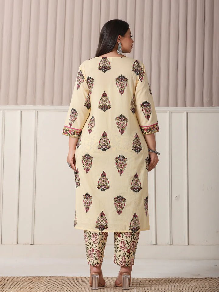 Cream Cotton Cut Dana Work Plus Size Kurta Set With Pant &amp; Dupatta
