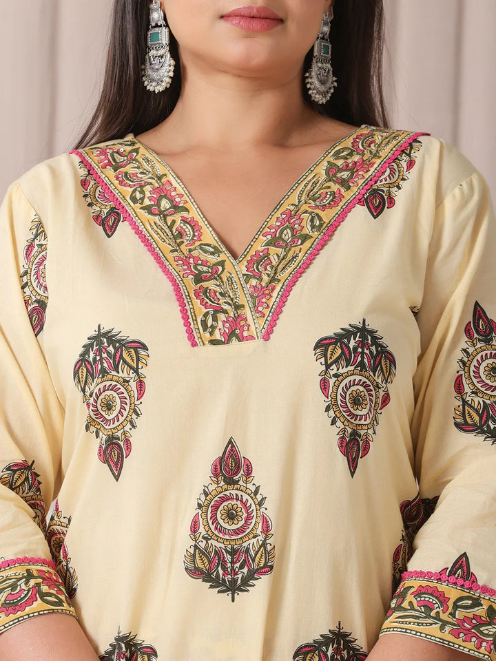 Cream Cotton Cut Dana Work Plus Size Kurta Set With Pant &amp; Dupatta