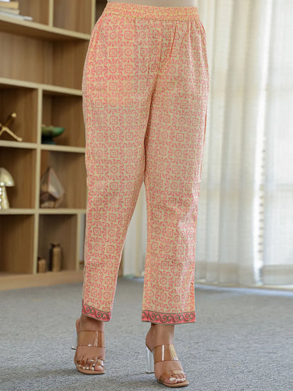 Cream Cotton Straight Ethnic Motifs Kurta Dupatta Set