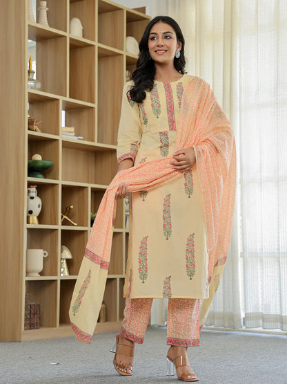 Cream Cotton Straight Ethnic Motifs Kurta Dupatta Set