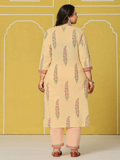 Cream Cotton Straight Plus Size Kurta Set