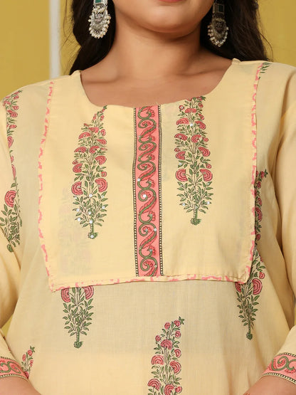 Cream Cotton Straight Plus Size Kurta Set