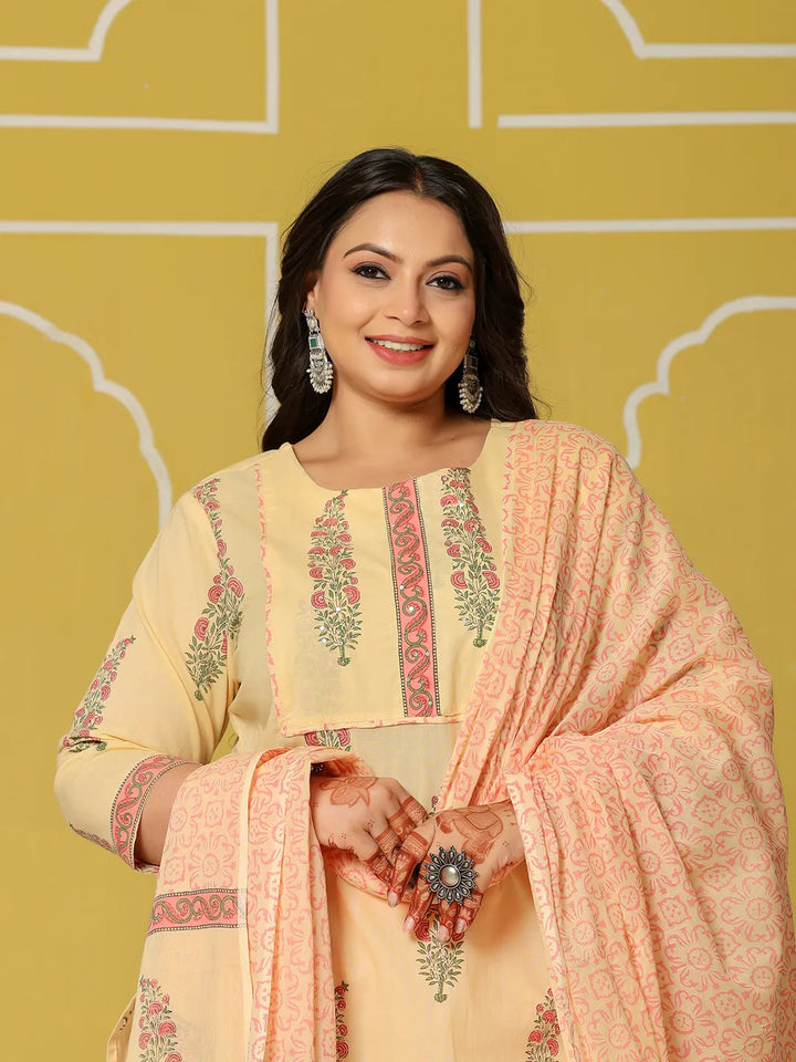Cream Cotton Straight Plus Size Kurta Set
