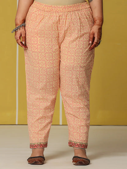 Cream Cotton Straight Plus Size Kurta Set