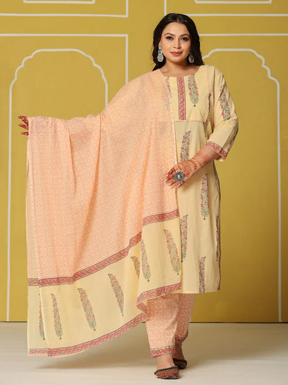 Cream Cotton Straight Plus Size Kurta Set
