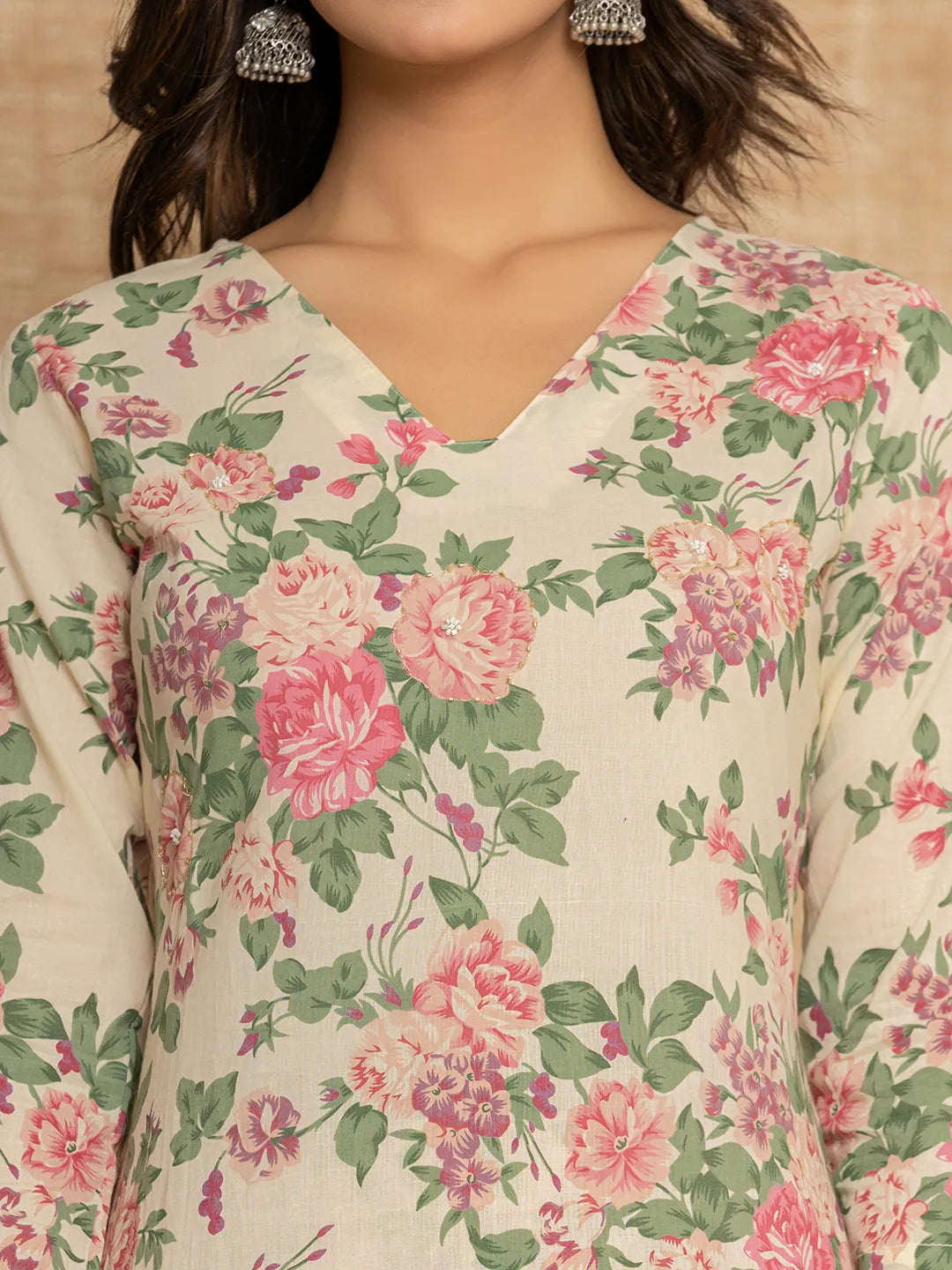 Cream Floral Print Cotton Straight Style Kurta And Dhoti Pants With Dupatta Set
