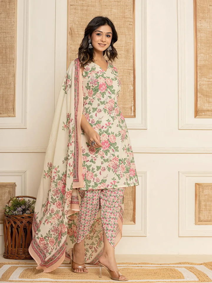 Cream Floral Print Cotton Straight Style Kurta And Dhoti Pants With Dupatta Set