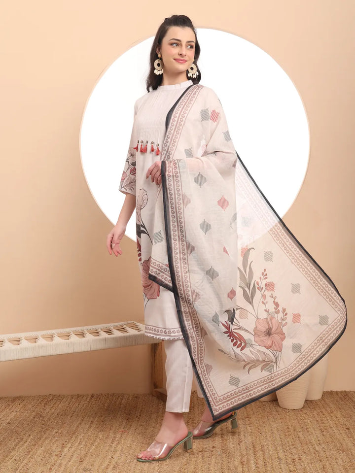 Cream Linen Cotton Straight Floral Tassels Work Kurta Dupatta Set