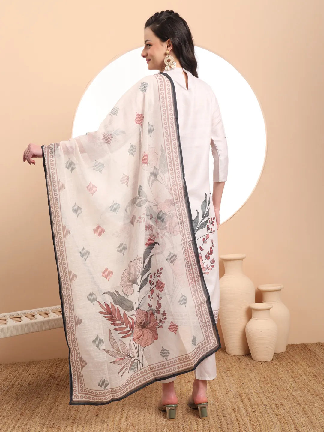 Cream Linen Cotton Straight Floral Tassels Work Kurta Dupatta Set