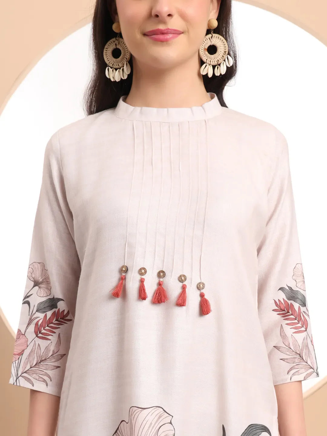 Cream Linen Cotton Straight Floral Tassels Work Kurta Dupatta Set