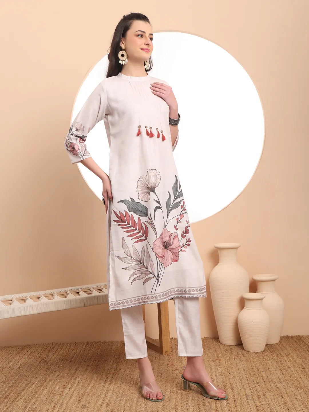 Cream Linen Cotton Straight Floral Tassels Work Kurta Dupatta Set