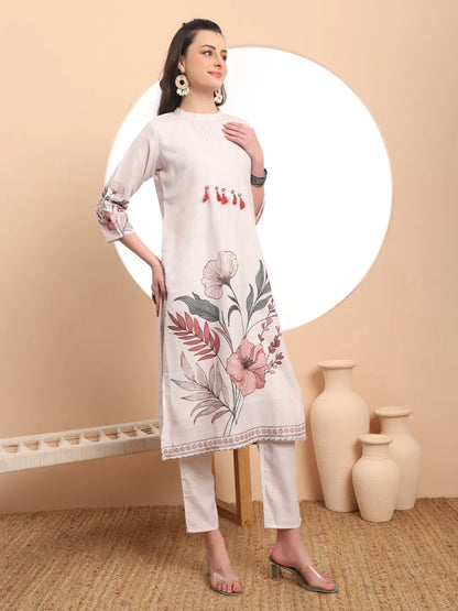 Cream Linen Cotton Straight Floral Tassels Work Kurta Dupatta Set