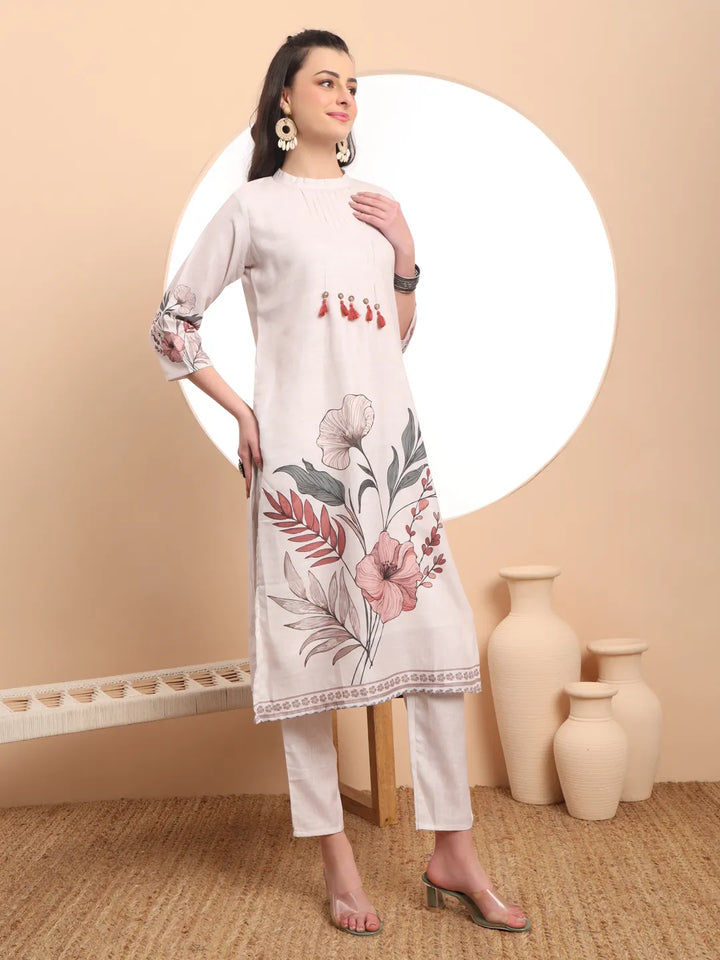 Cream Linen Cotton Straight Floral Tassels Work Kurta Dupatta Set