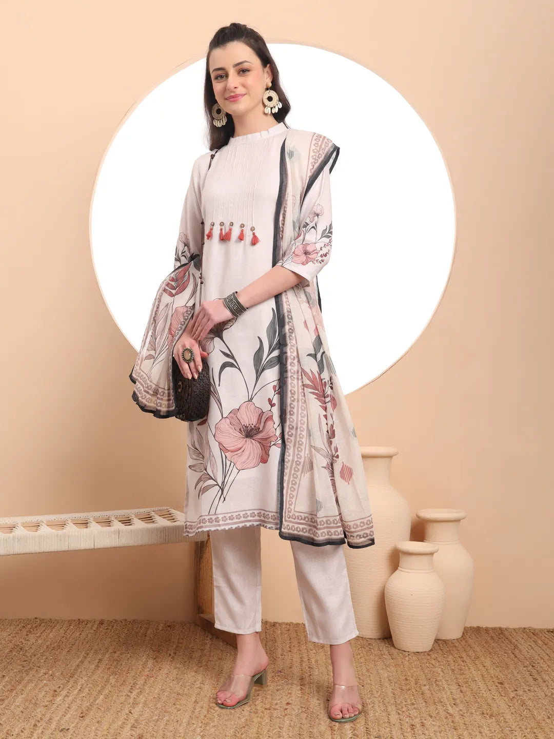 Cream Linen Cotton Straight Floral Tassels Work Kurta Dupatta Set