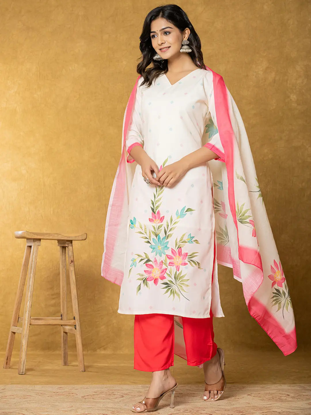 Cream Linen Floral Kurta Dupatta Pant Set