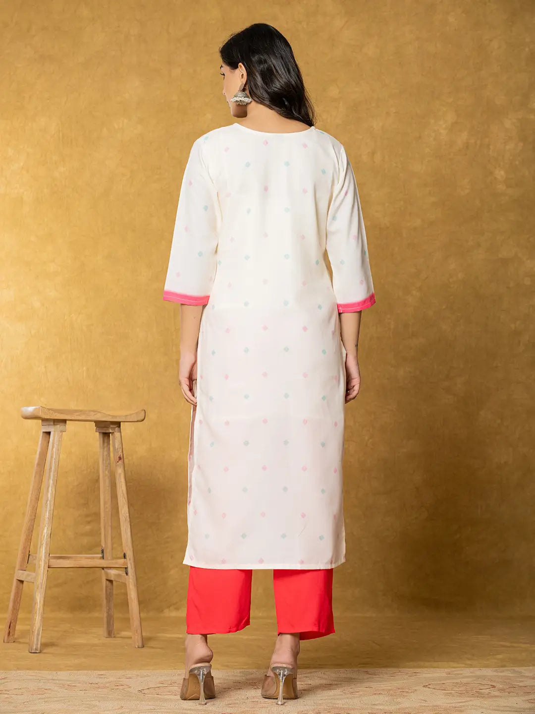 Cream Linen Floral Kurta Dupatta Pant Set