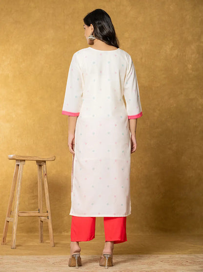 Cream Linen Floral Kurta Dupatta Pant Set