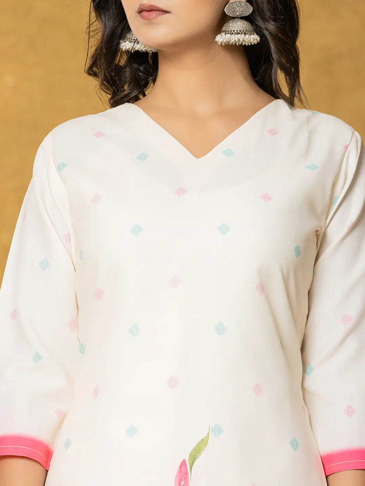 Cream Linen Floral Kurta Dupatta Pant Set