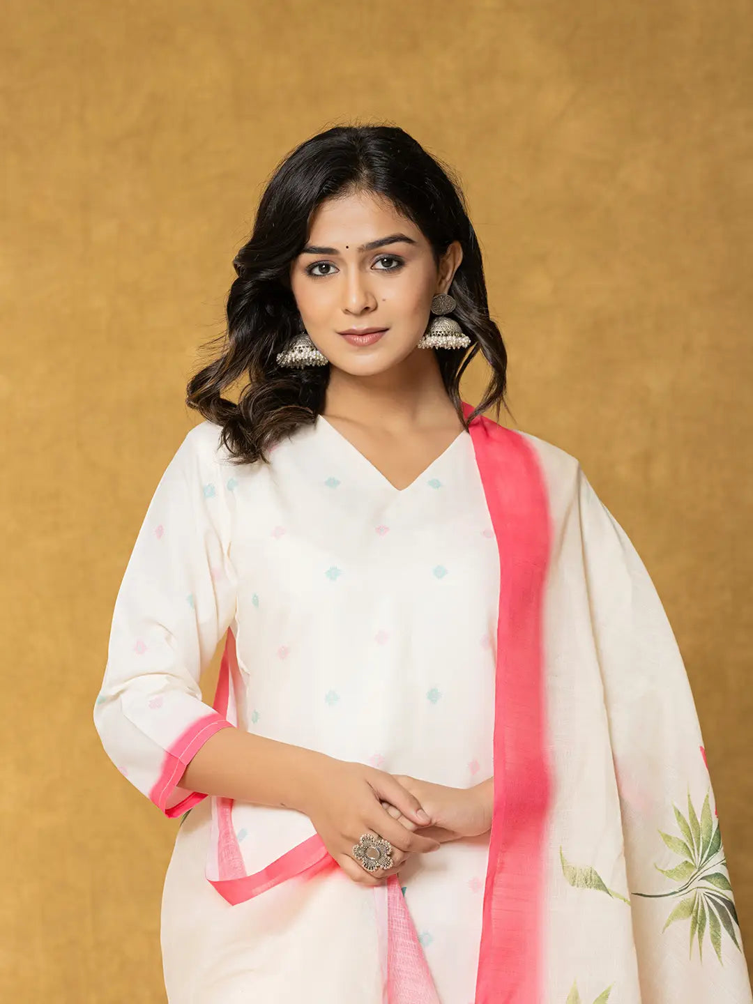 Cream Linen Floral Kurta Dupatta Pant Set