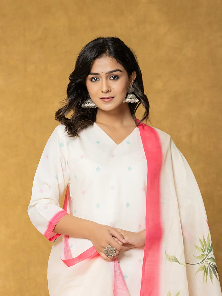 Cream Linen Floral Kurta Dupatta Pant Set