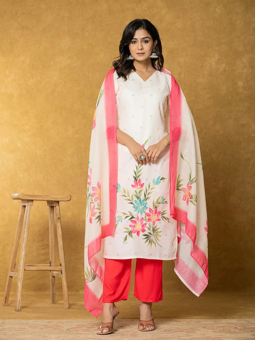 Cream Linen Floral Kurta Dupatta Pant Set