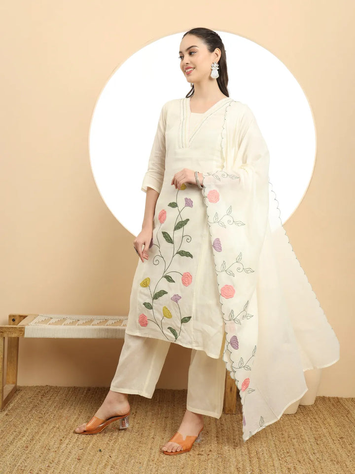 Cream Pure Cotton A-Line Thread Work Kurta Dupatta Set